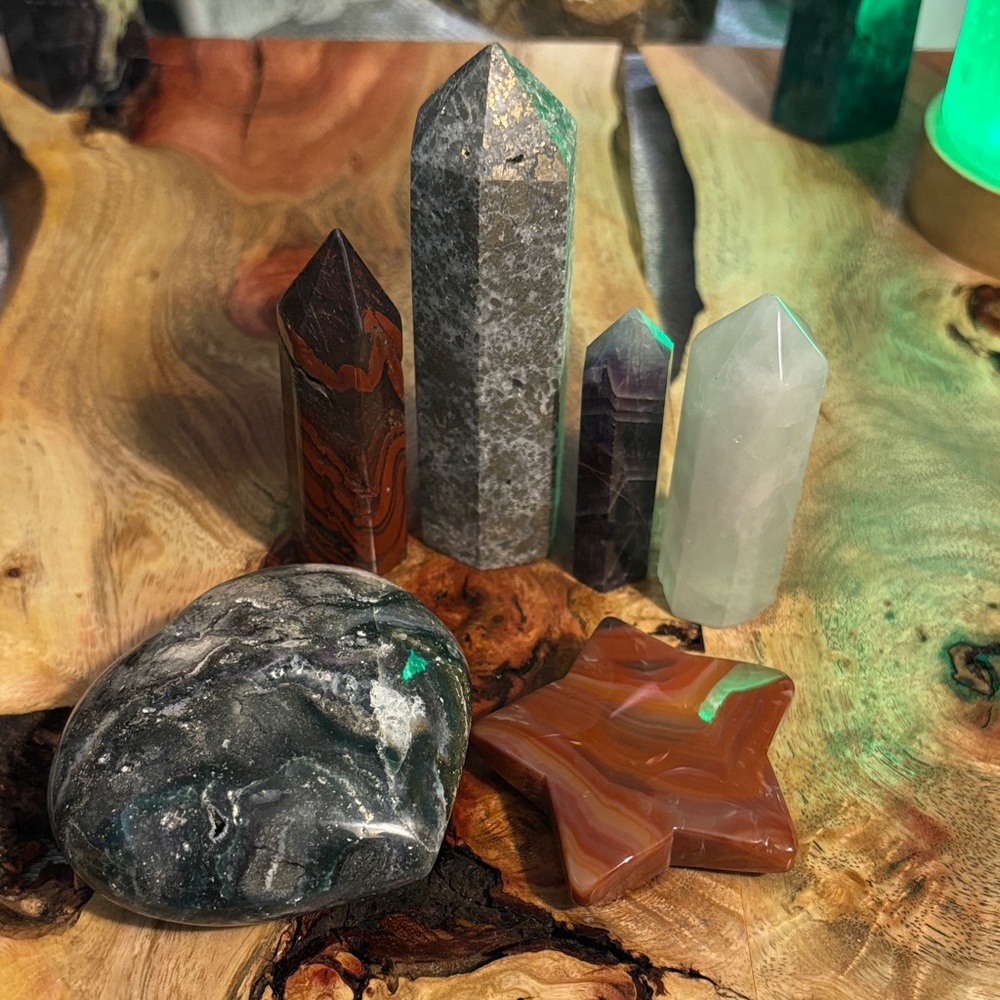 Crystals- pyrite, red jasper, quartz, chevron amethyst ocean jasper carnelian